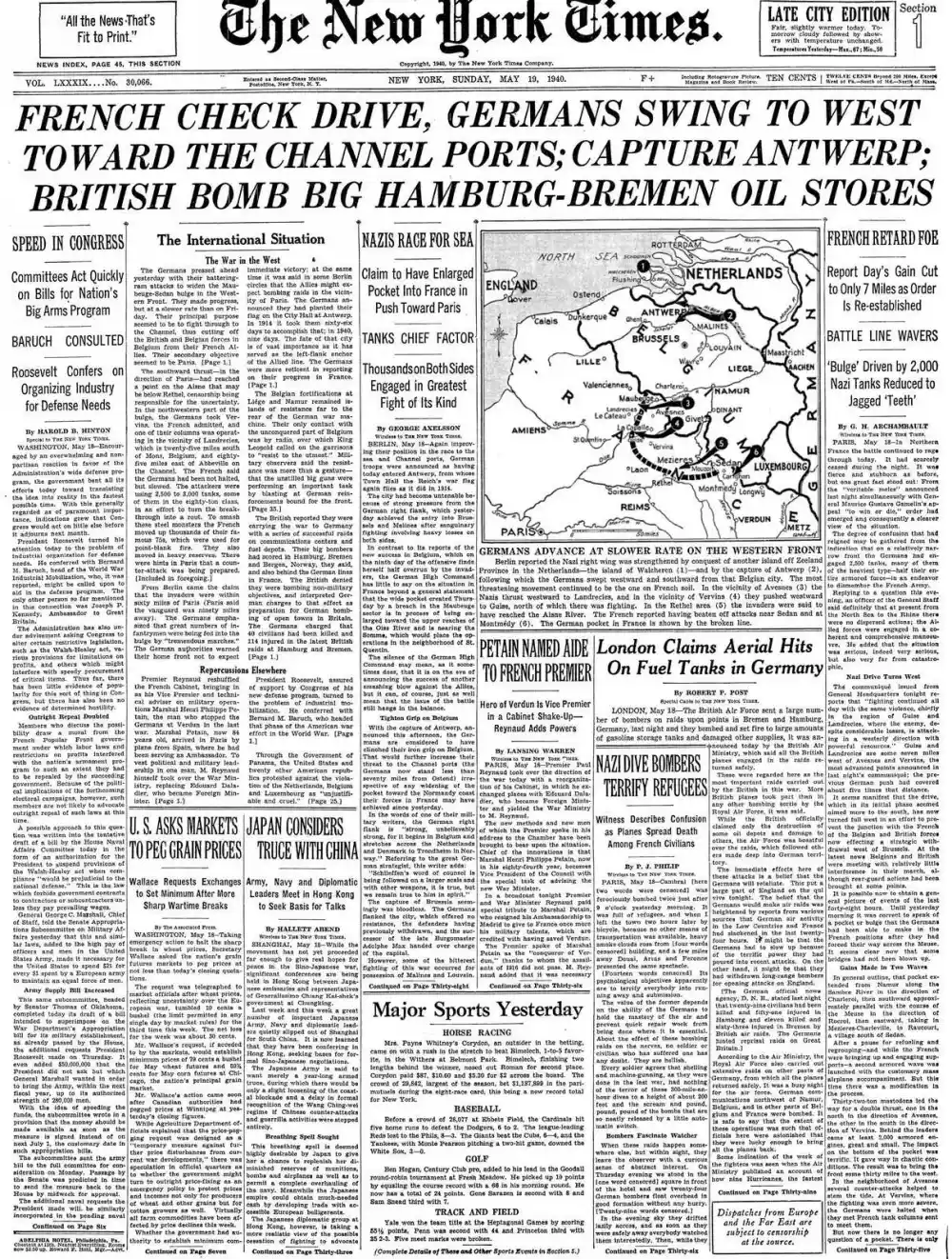 Sunday, May 19, 1940 – The New York Times Front Page