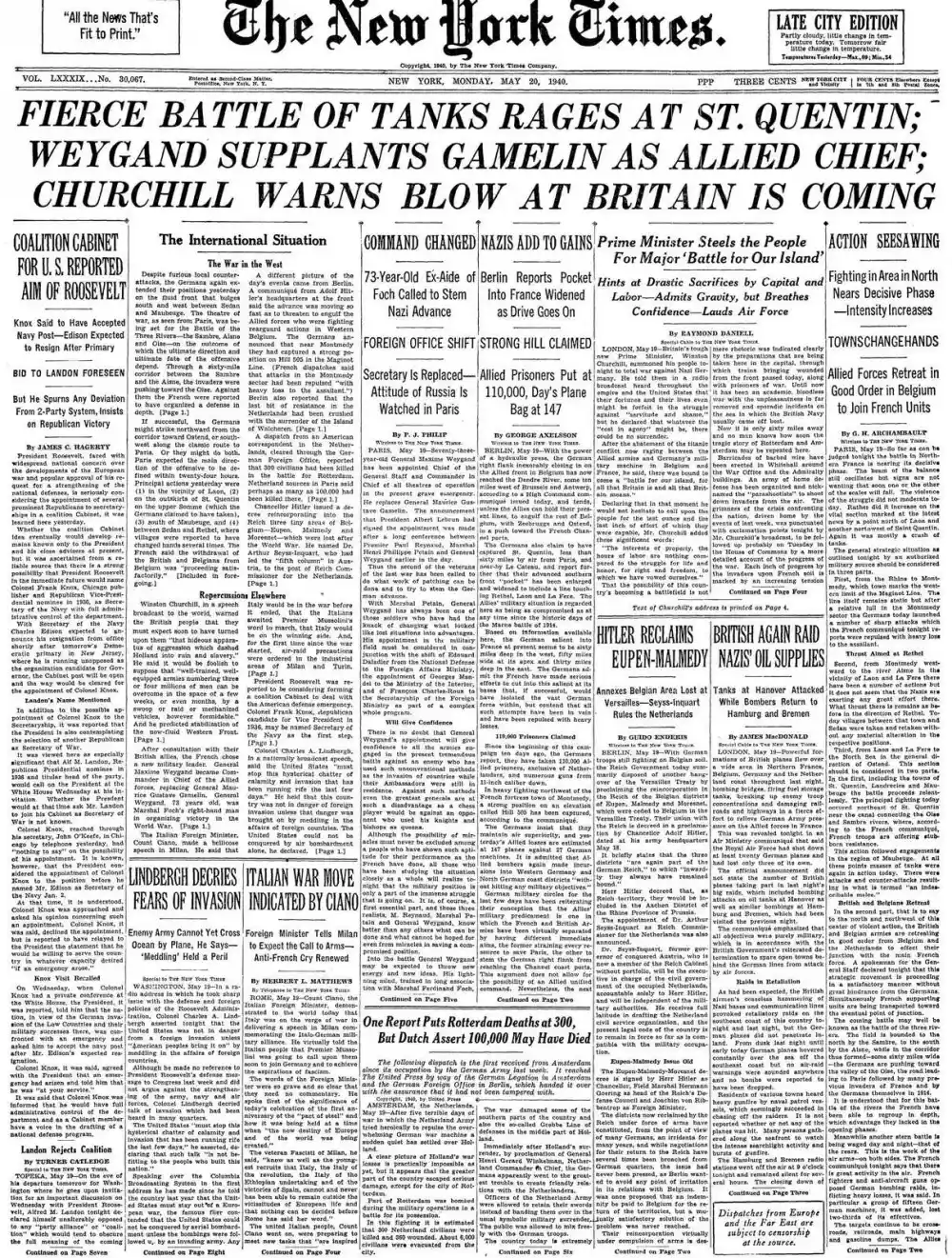 Monday, May 20, 1940 – The New York Times Front Page