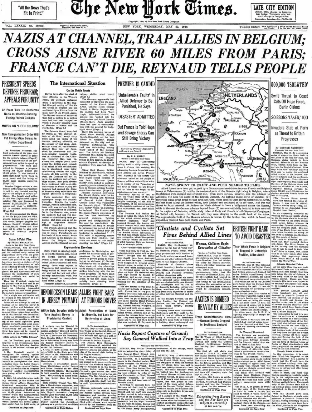 Wednesday, May 22, 1940 – The New York Times Front Page