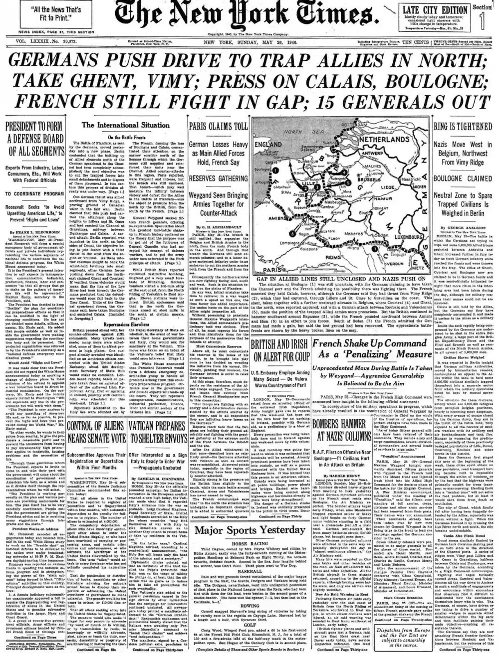 Sunday, May 26, 1940 – The New York Times Front Page