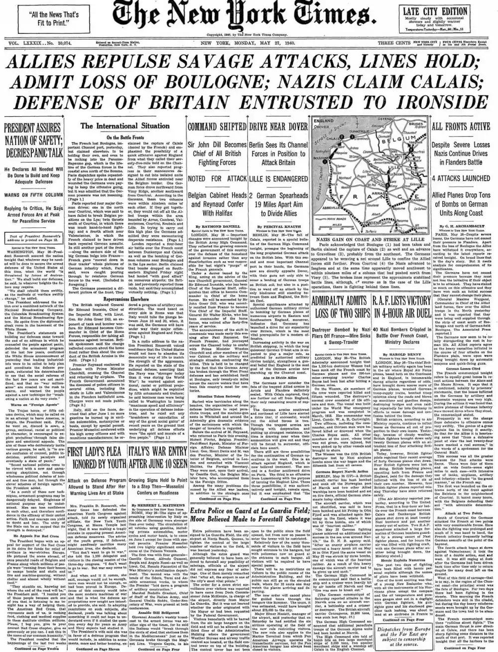 Monday, May 27, 1940 – The New York Times Front Page