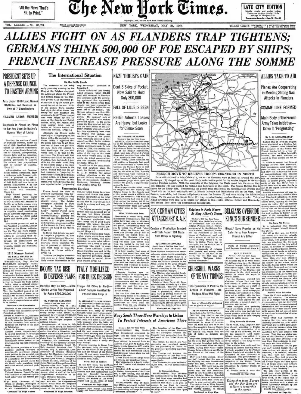 Wednesday, May 29, 1940 – The New York Times Front Page
