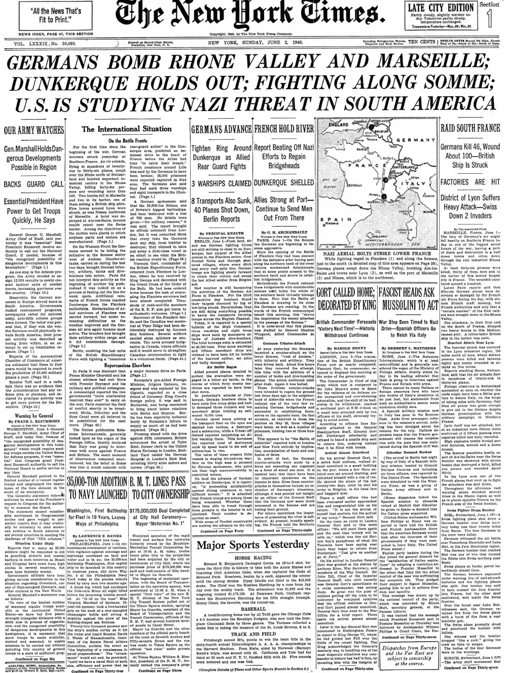 Sunday, June 2, 1940 – The New York Times Front Page