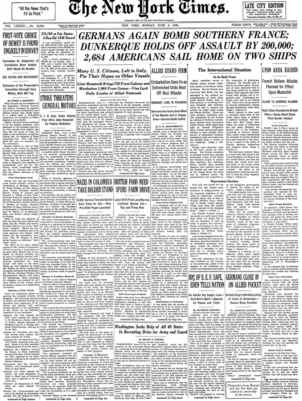Monday, June 3, 1940 – The New York Times Front Page