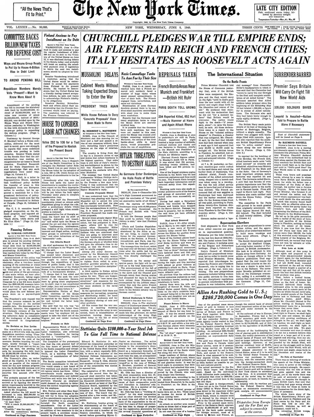 Wednesday, June 5, 1940 – The New York Times Front Page