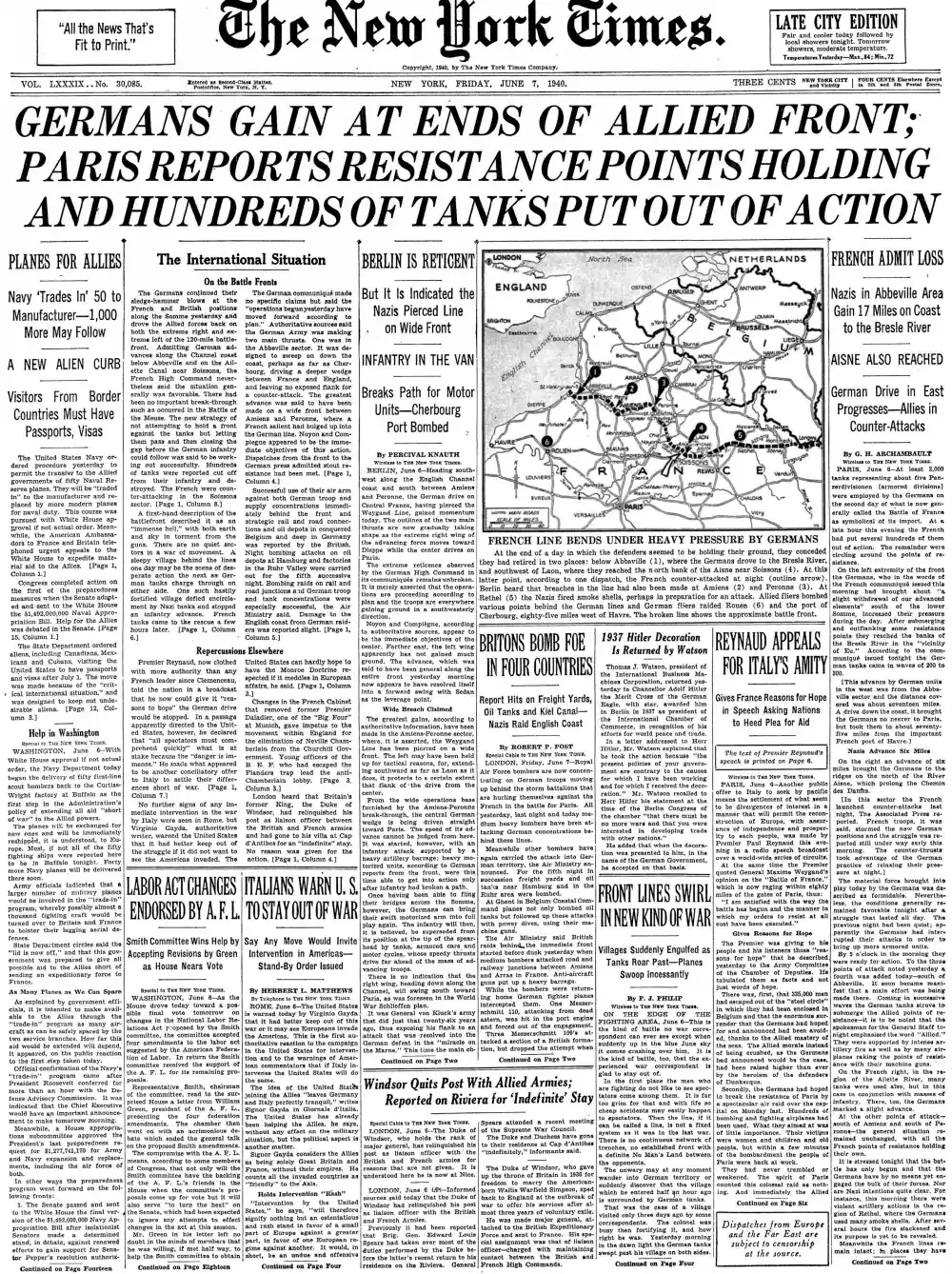 Friday, June 7, 1940 – The New York Times Front Page