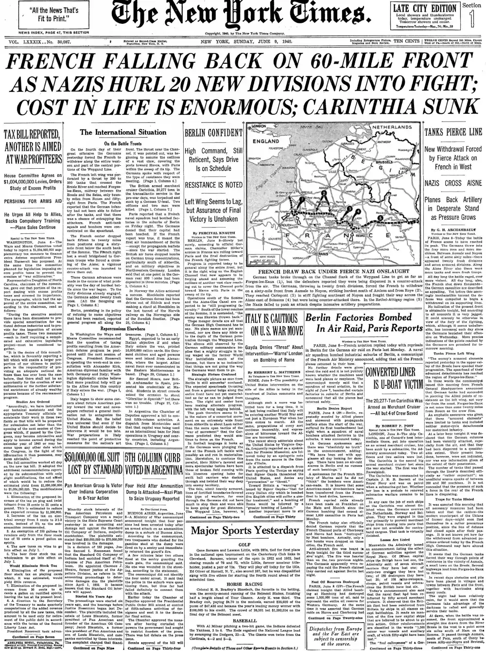Sunday, June 9, 1940 – The New York Times Front Page
