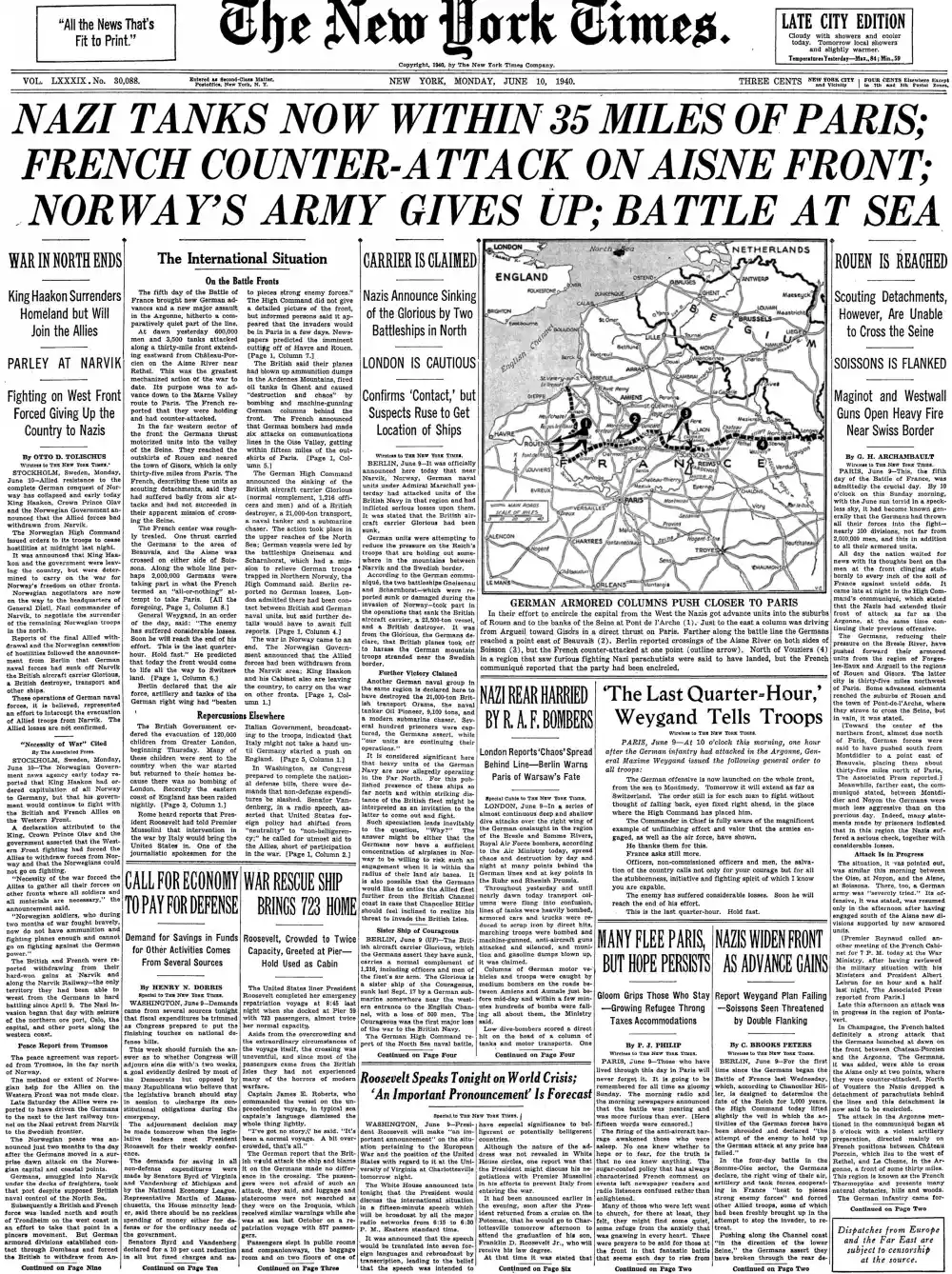 Monday, June 10, 1940 – The New York Times Front Page
