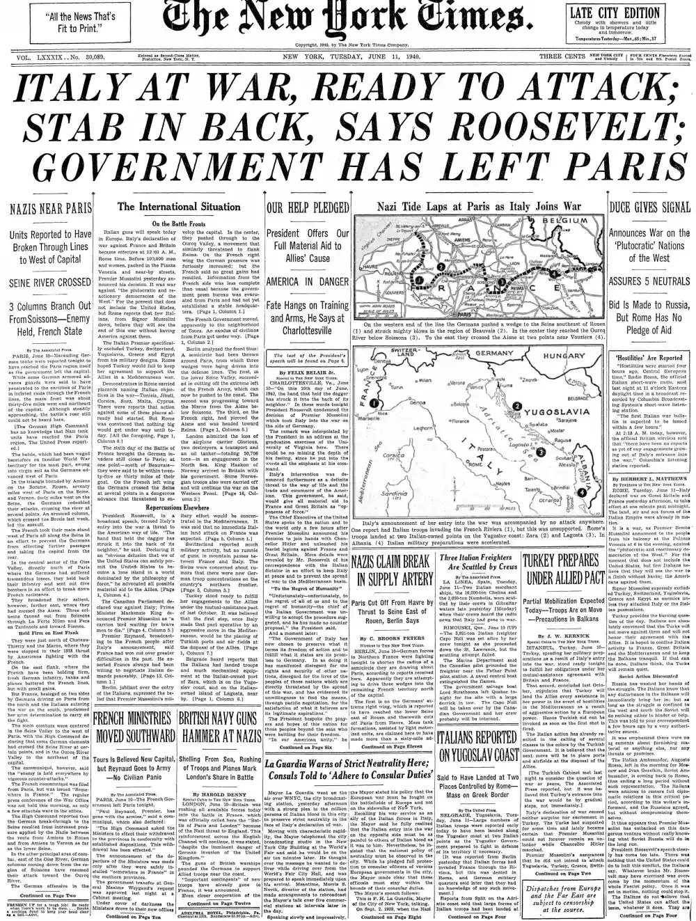 Tuesday, June 11, 1940 – The New York Times Front Page