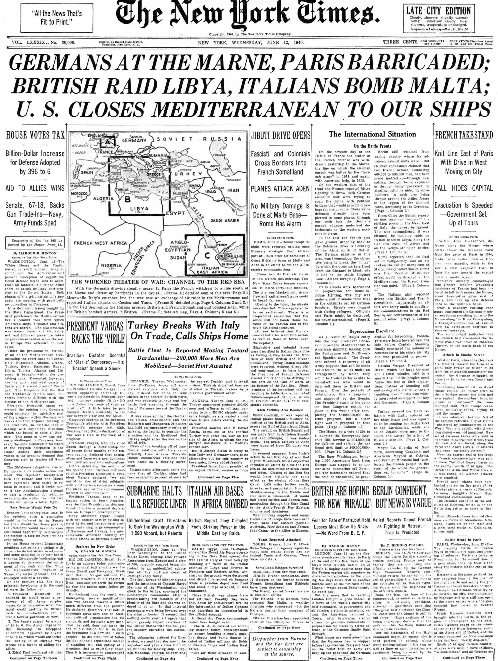Wednesday, June 12, 1940 – The New York Times Front Page