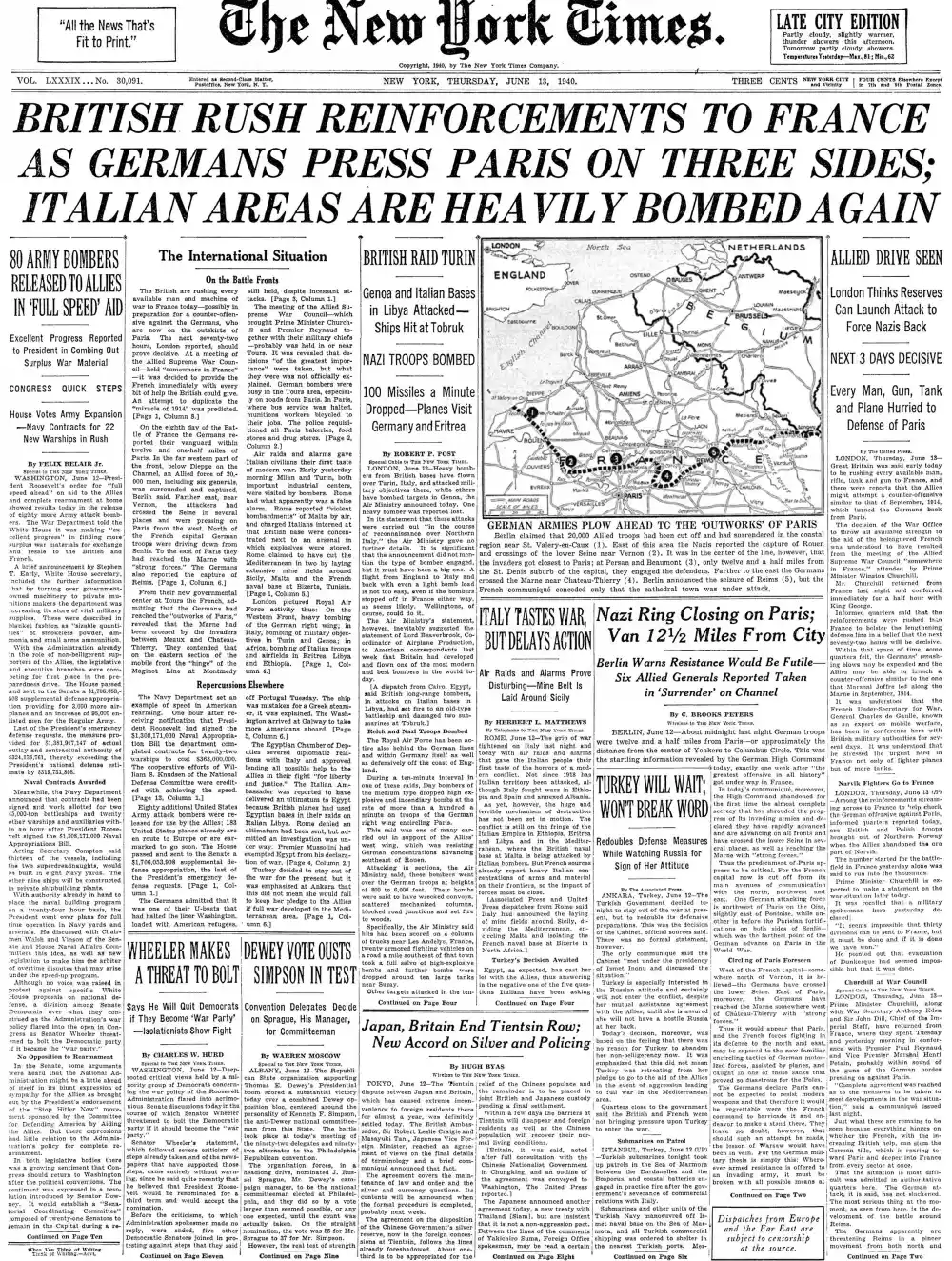 Thursday, June 13, 1940 – The New York Times Front Page