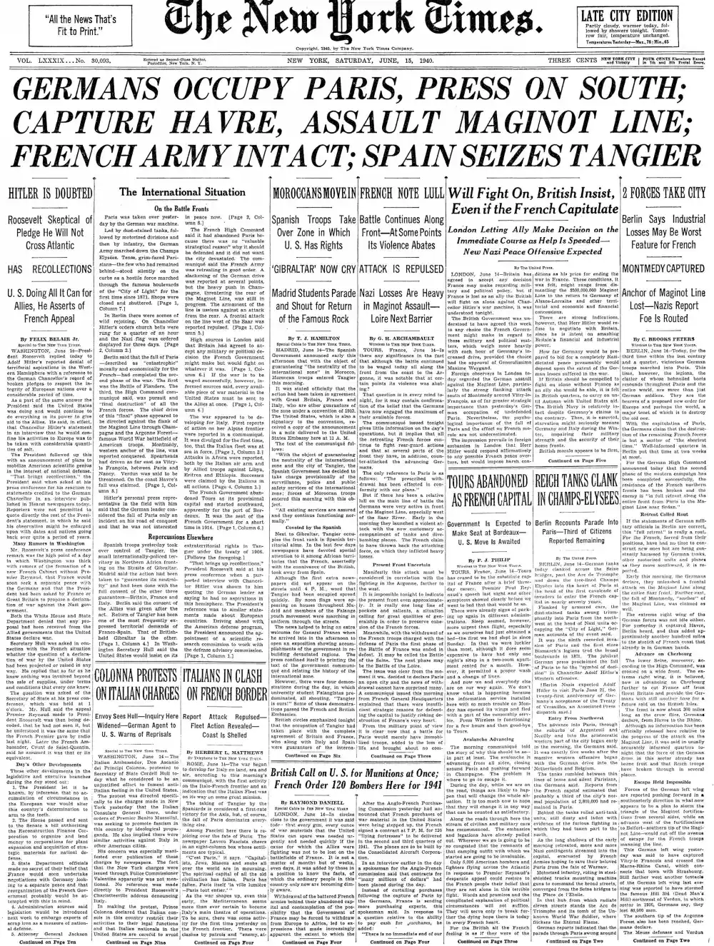 Saturday, June 15, 1940 – The New York Times Front Page