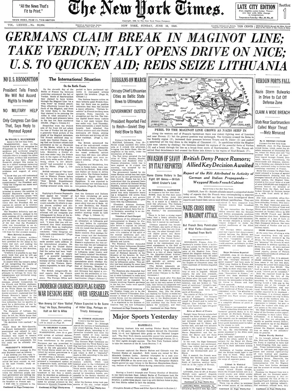 Sunday, June 16, 1940 – The New York Times Front Page