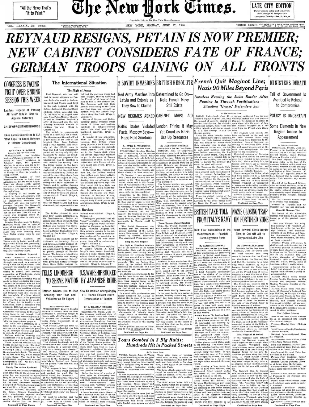 Monday, June 17, 1940 – The New York Times Front Page