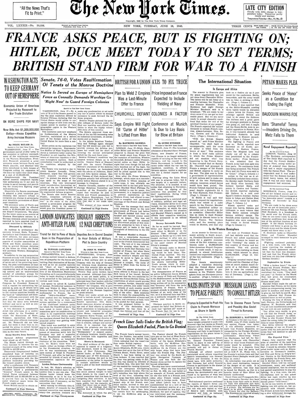 Tuesday, June 18, 1940 – The New York Times Front Page