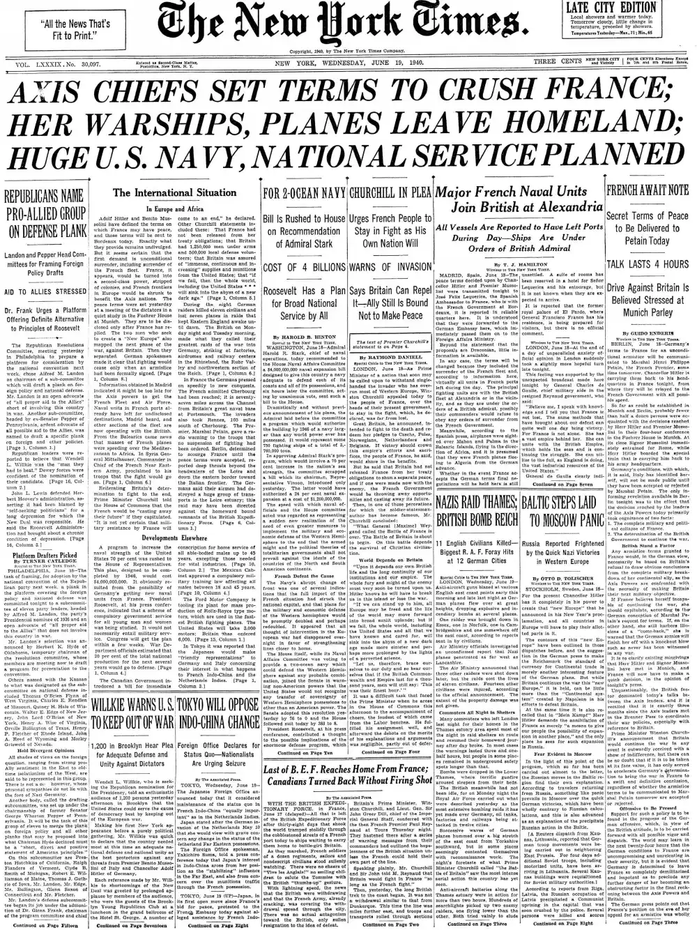 Wednesday, June 19, 1940 – The New York Times Front Page