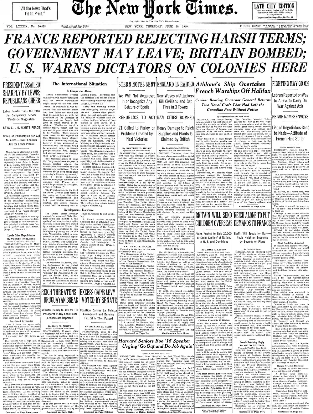 Thursday, June 20, 1940 – The New York Times Front Page
