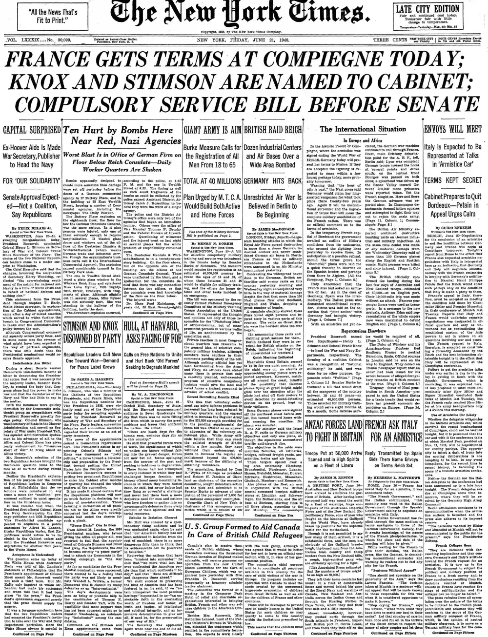 Friday, June 21, 1940 – The New York Times Front Page