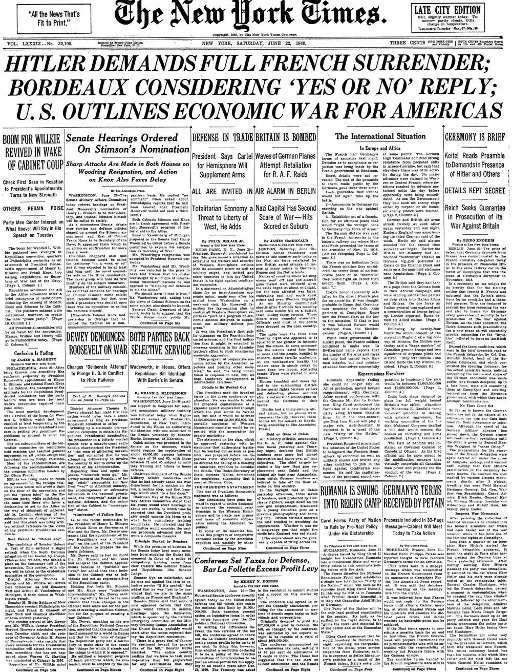 Saturday, June 22, 1940 – The New York Times Front Page