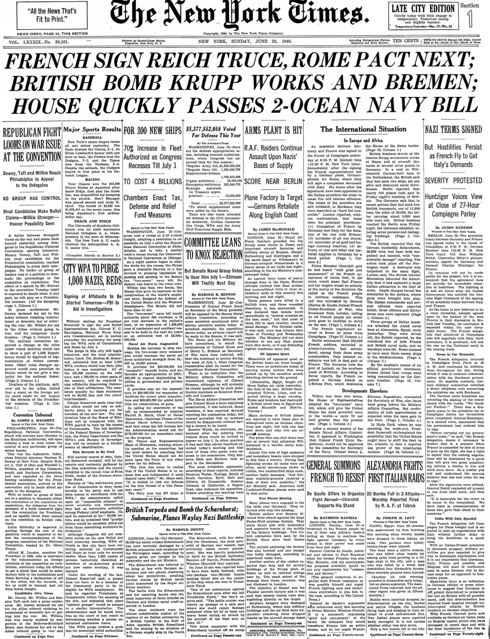 Sunday, June 23, 1940 – The New York Times Front Page