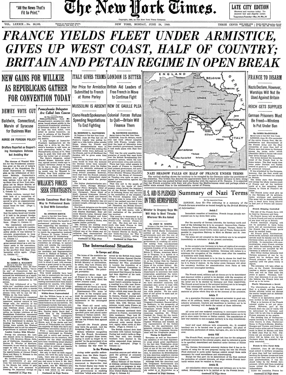 Monday, June 24, 1940 – The New York Times Front Page