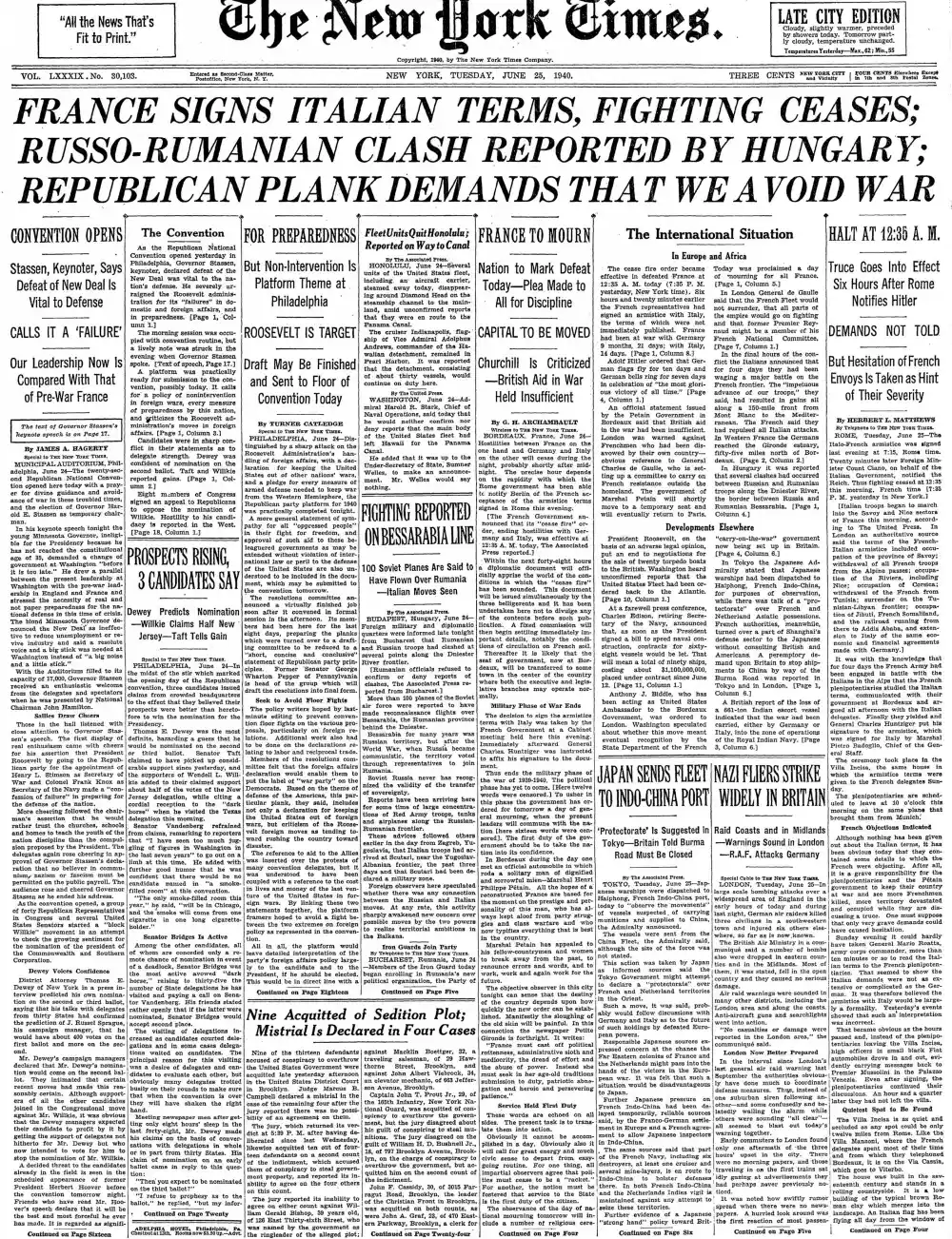 Tuesday, June 25, 1940 – The New York Times Front Page