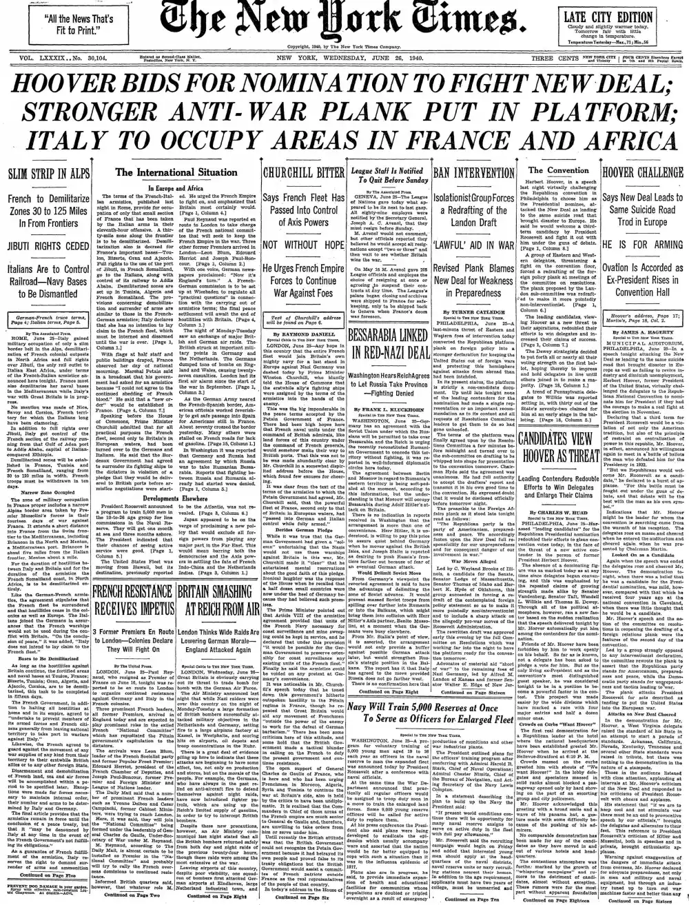 Wednesday, June 26, 1940 – The New York Times Front Page