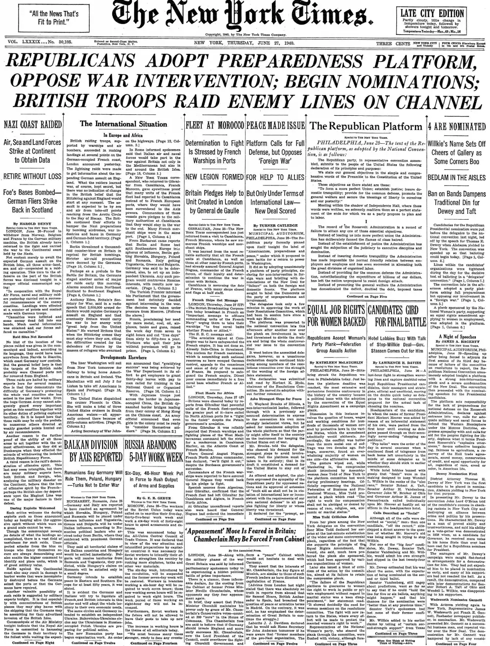 Thursday, June 27, 1940 – The New York Times Front Page