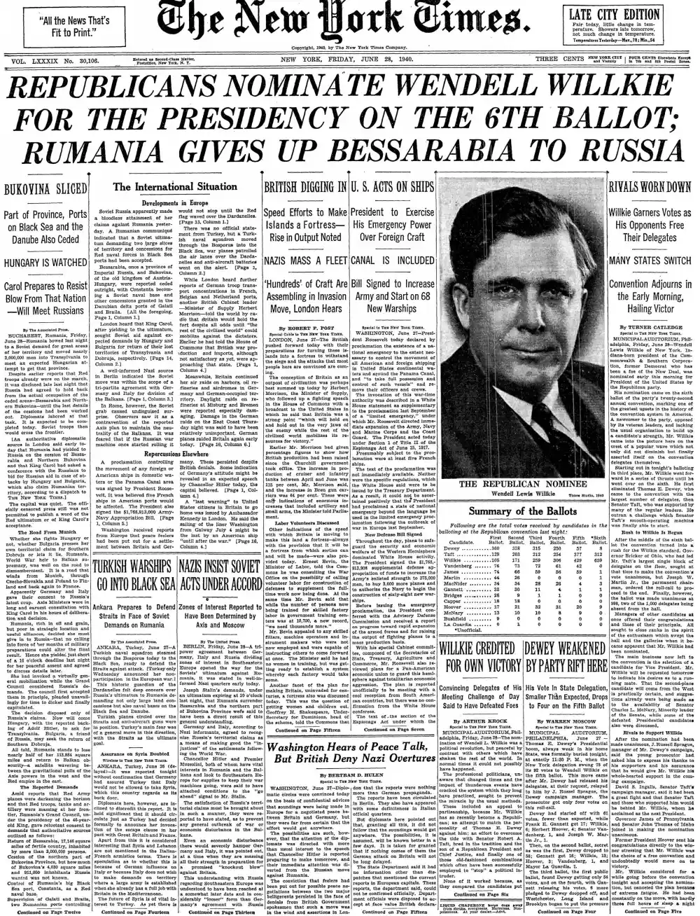 Friday, June 28, 1940 – The New York Times Front Page