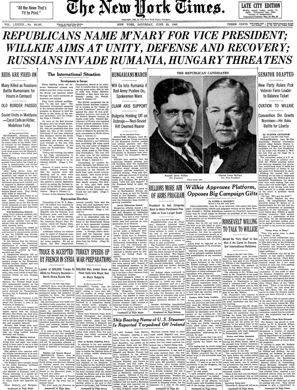 Saturday, June 29, 1940 – The New York Times Front Page