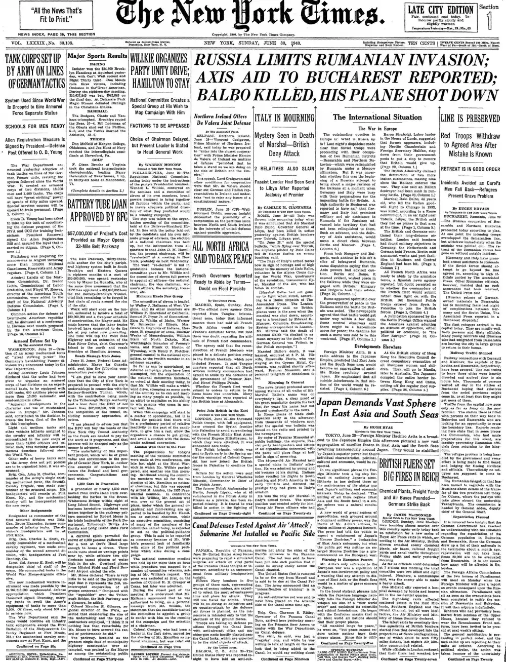 Sunday, June 30, 1940 – The New York Times Front Page