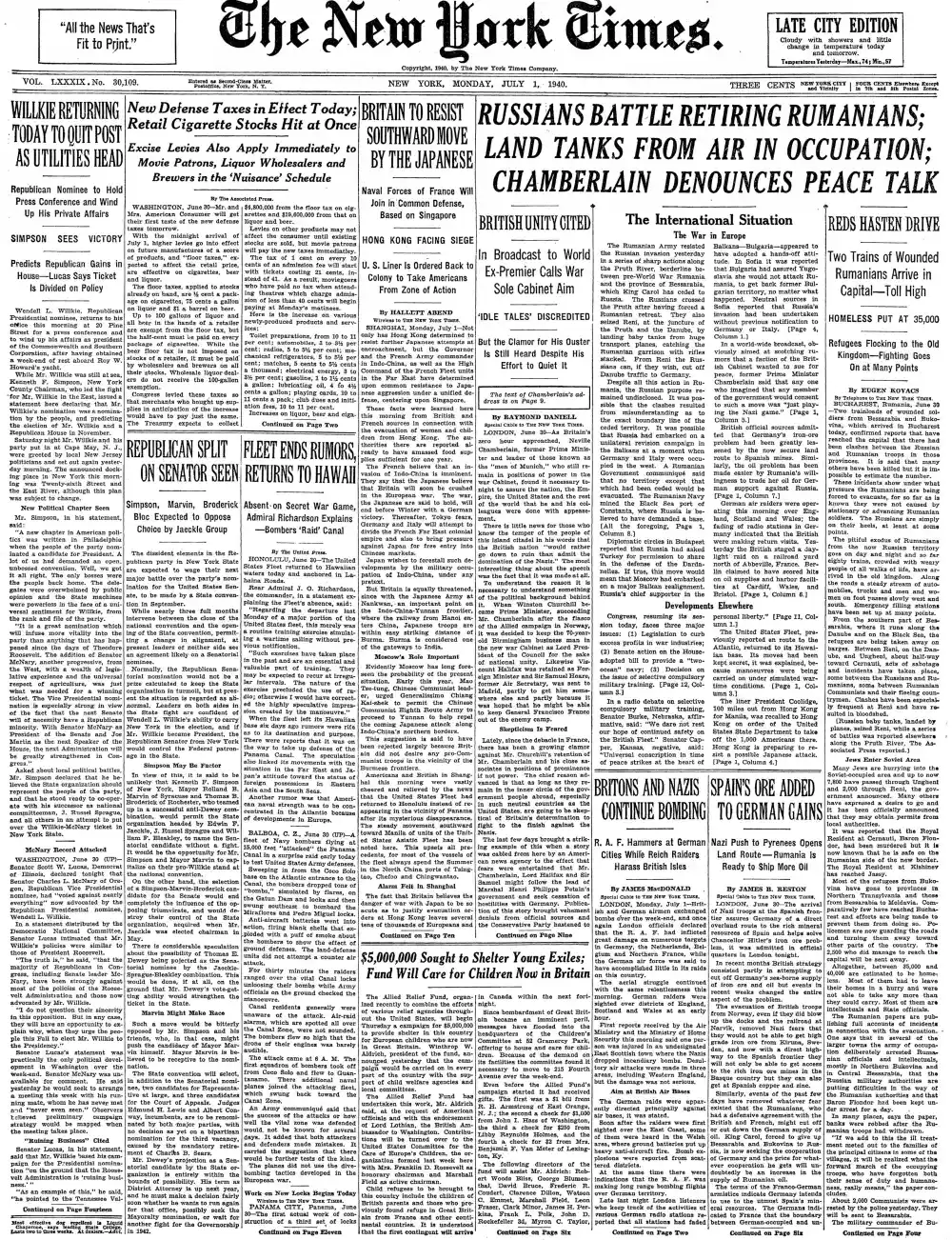 Monday, July 1, 1940 – The New York Times Front Page
