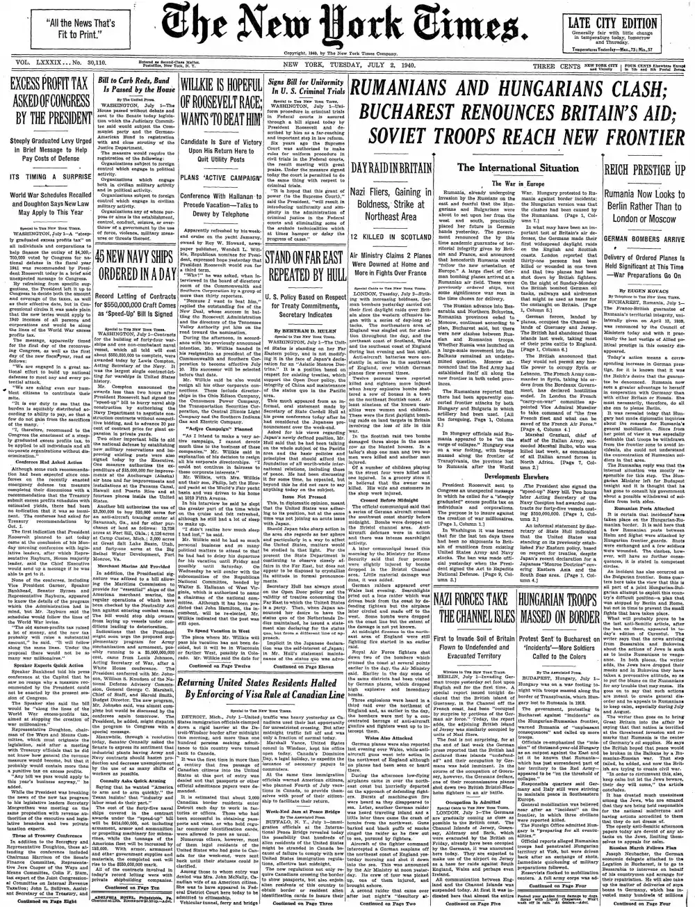 Tuesday, July 2, 1940 – The New York Times Front Page