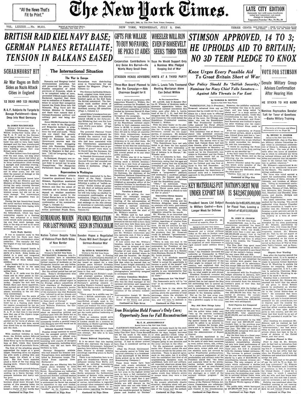 Wednesday, July 3, 1940 – The New York Times Front Page