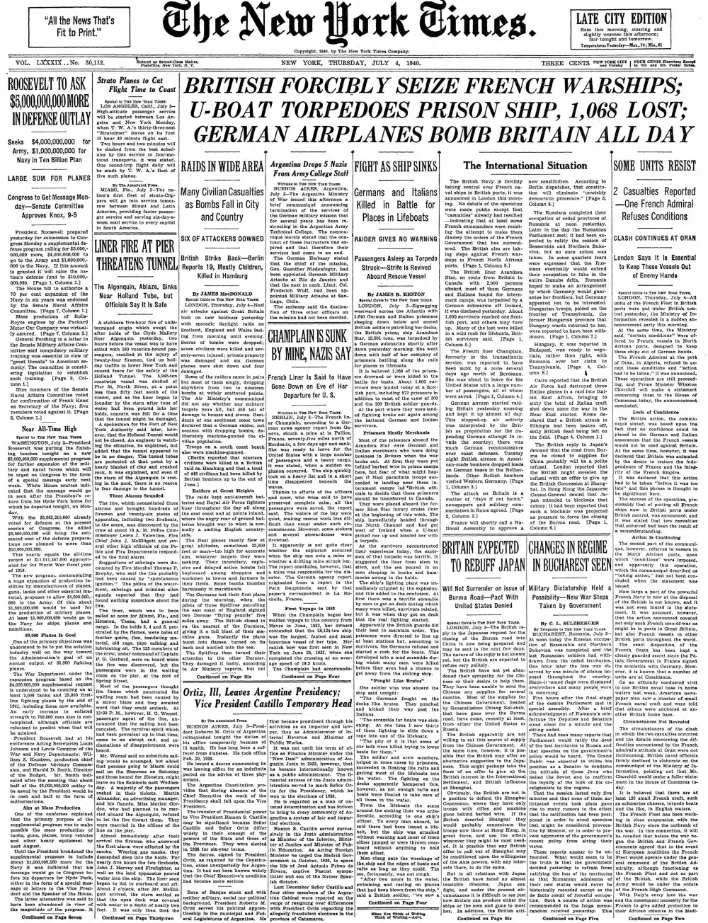 Thursday, July 4, 1940 – The New York Times Front Page