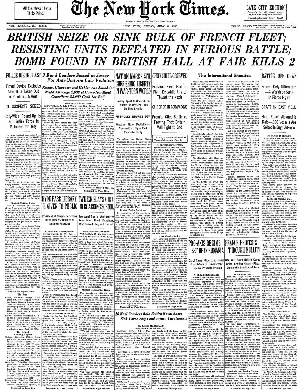 Friday, July 5, 1940 – The New York Times Front Page