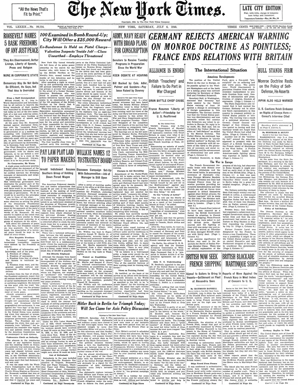 Saturday, July 6, 1940 – The New York Times Front Page