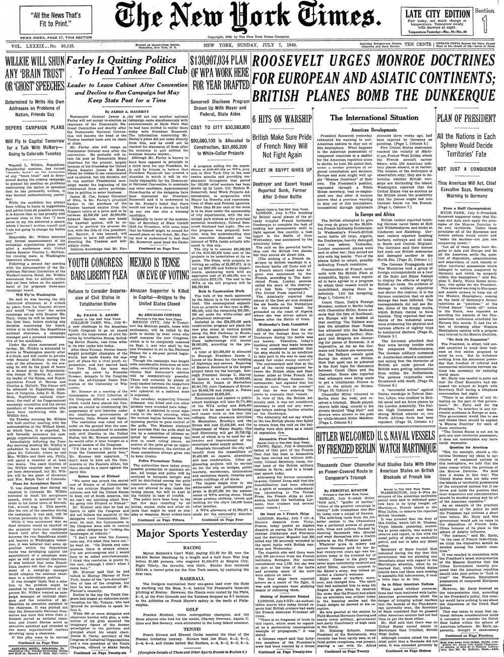 Sunday, July 7, 1940 – The New York Times Front Page