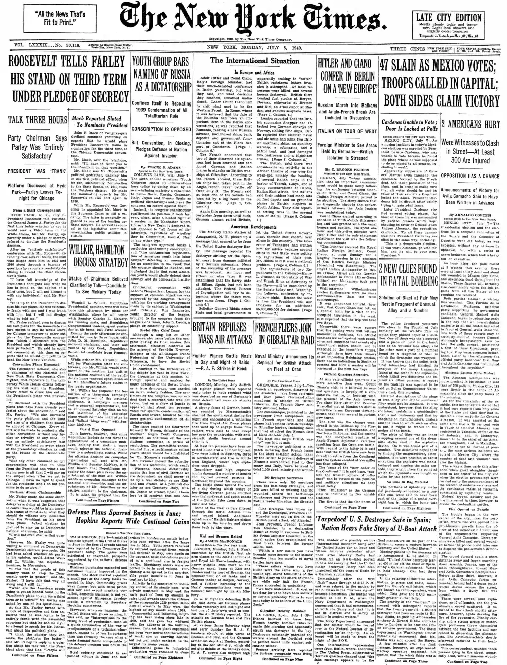 Monday, July 8, 1940 – The New York Times Front Page