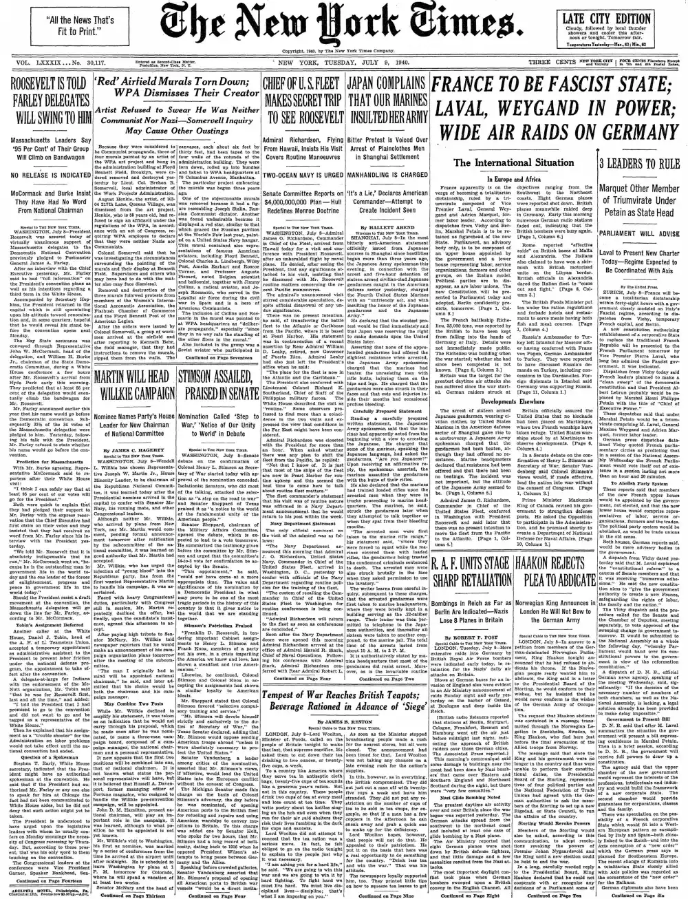 Tuesday, July 9, 1940 – The New York Times Front Page