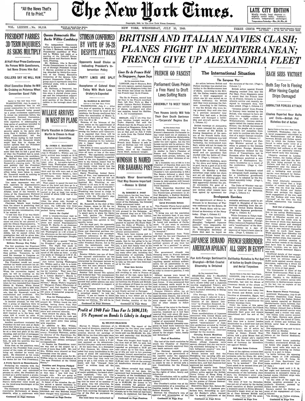 Wednesday, July 10, 1940 – The New York Times Front Page