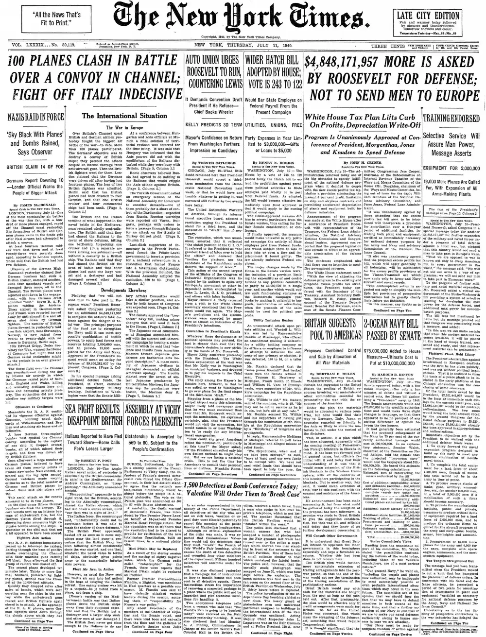 Thursday, July 11, 1940 – The New York Times Front Page