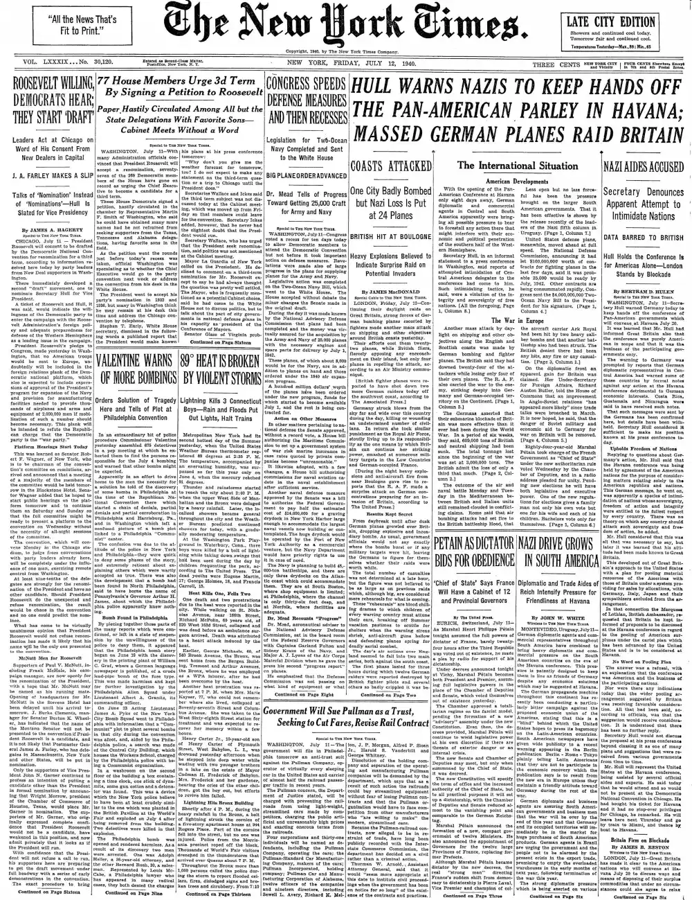 Friday, July 12, 1940 – The New York Times Front Page