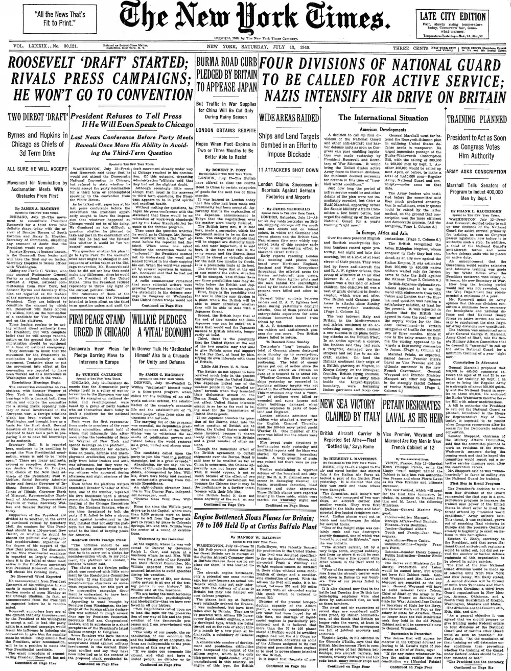 Saturday, July 13, 1940 – The New York Times Front Page
