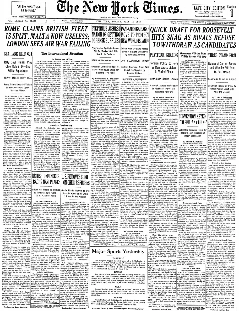 Sunday, July 14, 1940 – The New York Times Front Page