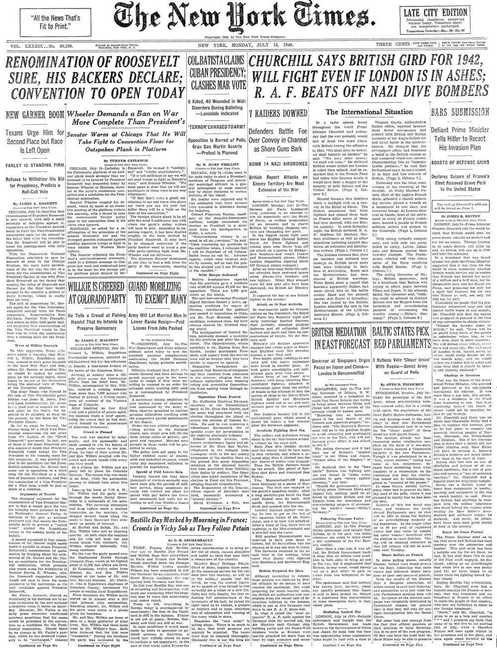 Monday, July 15, 1940 – The New York Times Front Page