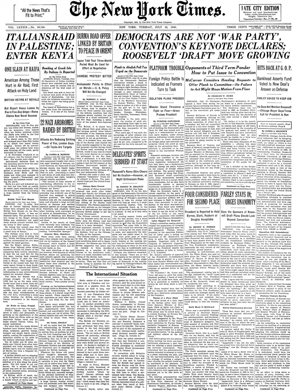 Tuesday, July 16, 1940 – The New York Times Front Page