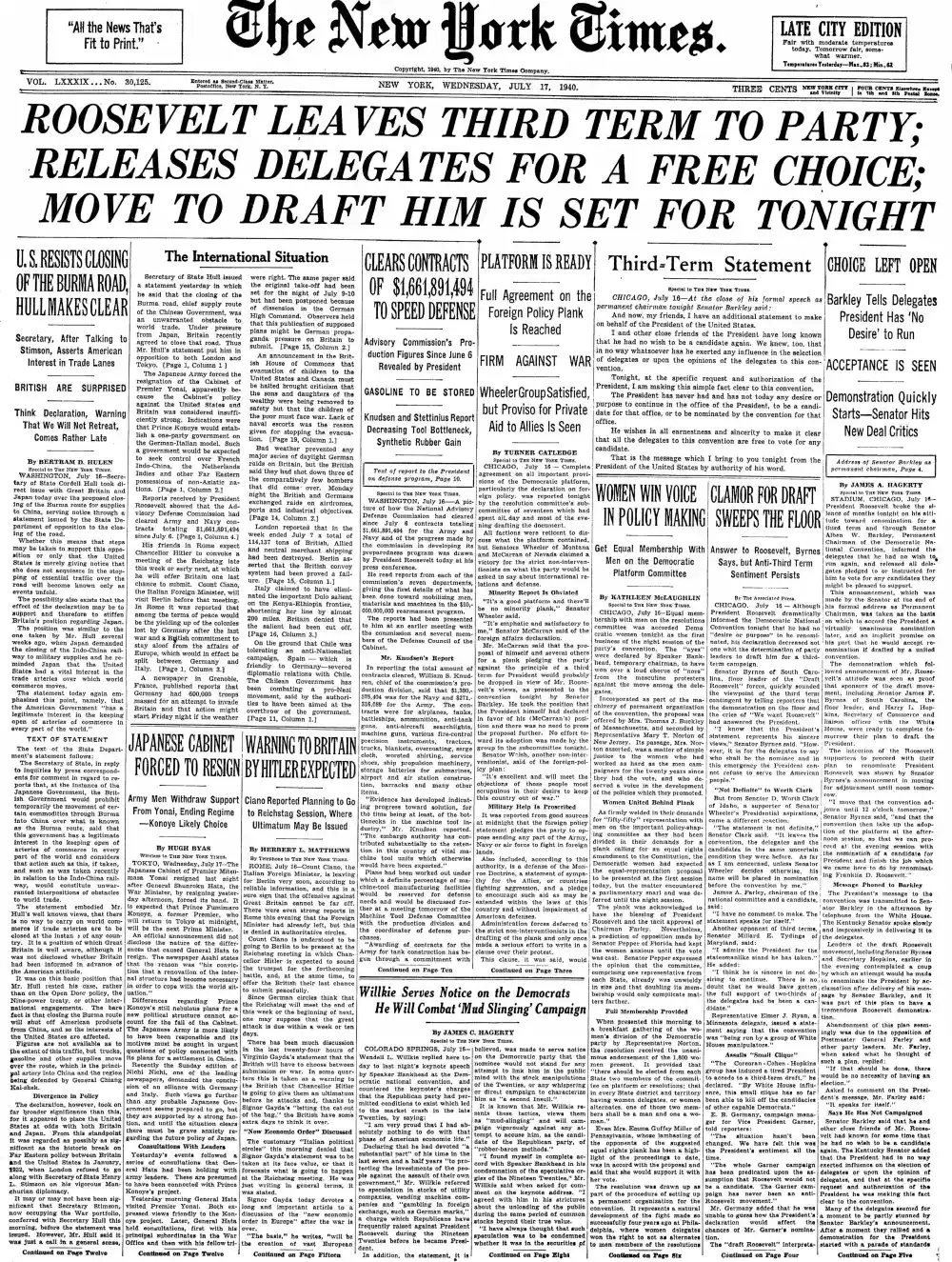 Wednesday, July 17, 1940 – The New York Times Front Page