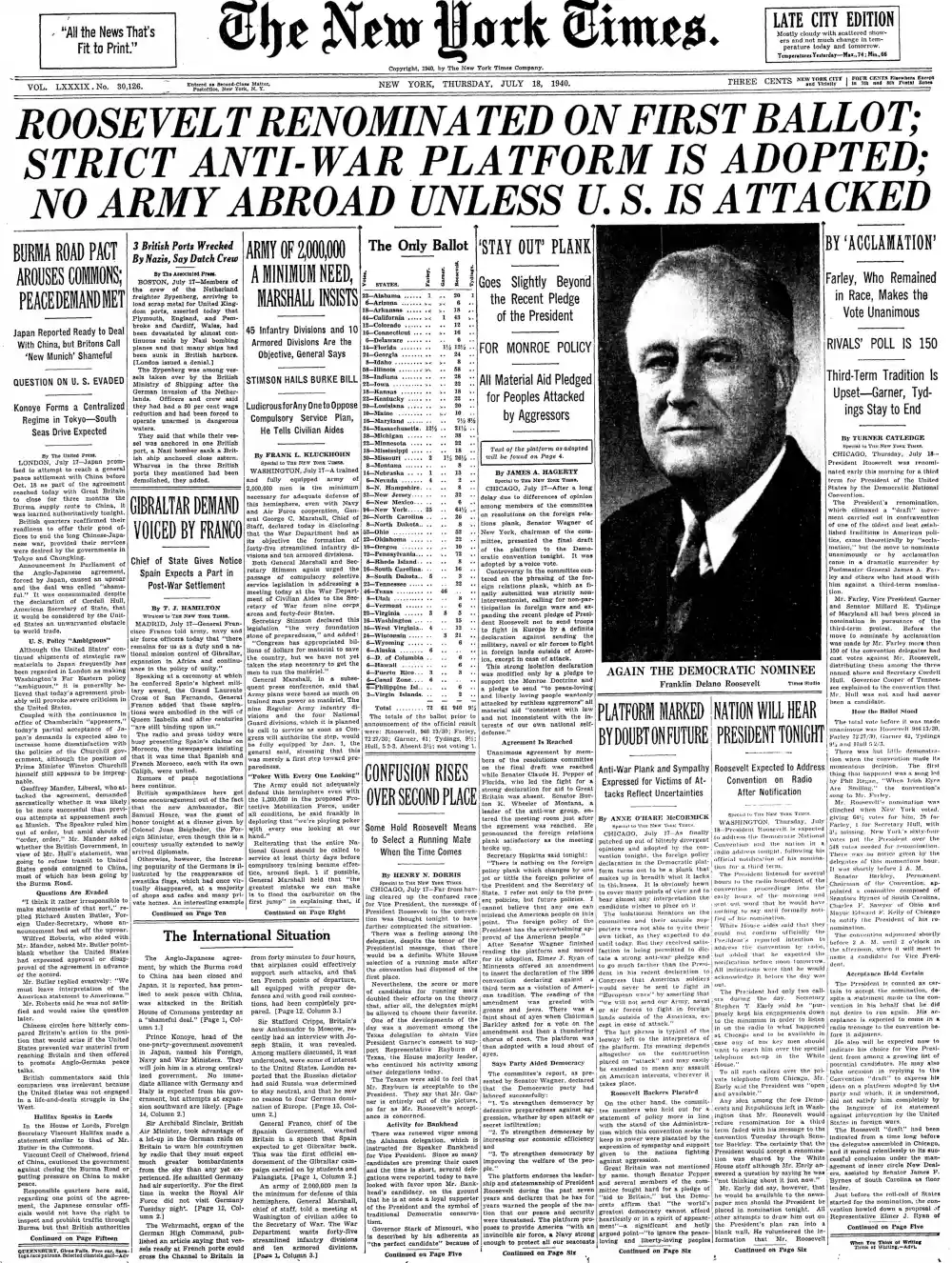 Thursday, July 18, 1940 – The New York Times Front Page