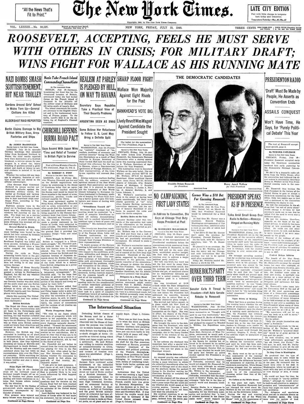 Friday, July 19, 1940 – The New York Times Front Page